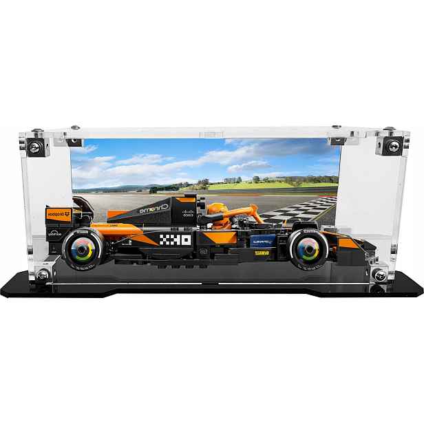 Vitrína s černou základnou a pozadím pro stavebnici Lego 77251 Formule F1 McLaren