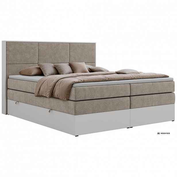 MKS POSTEL BOXSPRING DELVIT KING 200/200 - Šedobéžová Strukturovaná látka - Topper T25 - H3