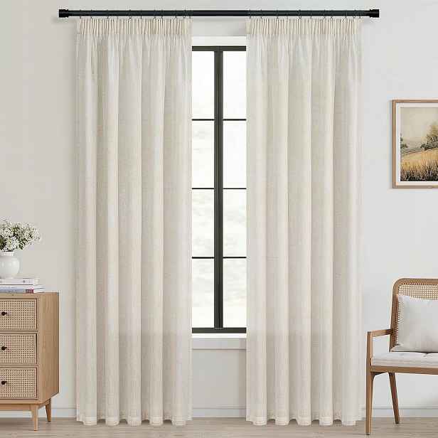 Lněná závěs 300 x 260 cm průsvitná boho s řasící páskou béžová