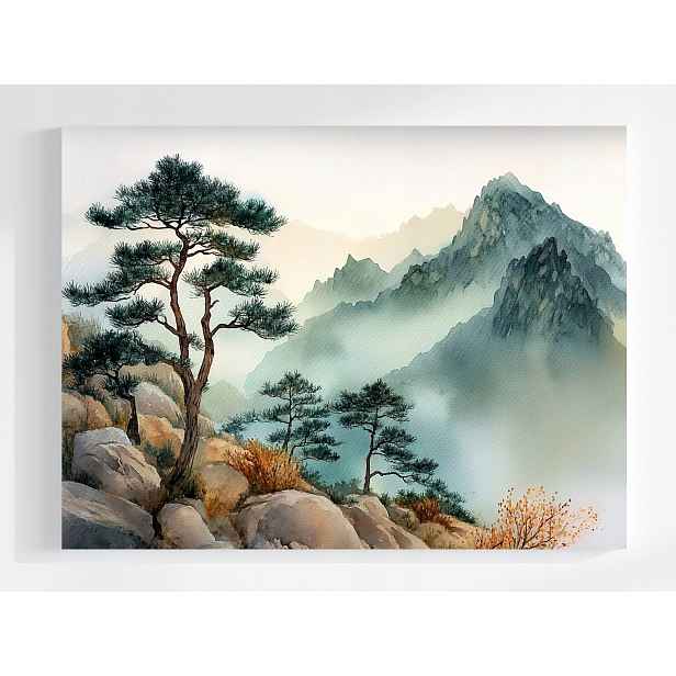 Obraz Na Plátně Canvas Krajina Hory Skály Vrcholy Dřevo Borovice Mlha 80x60