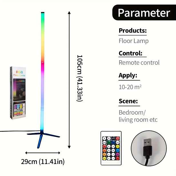 TEMU RGB LED rohová stojací lampa, dálkově ovládané herní světlo měnící barvy, USB napájená stojací náladová lampa do ložnice, obývacího pokoje,