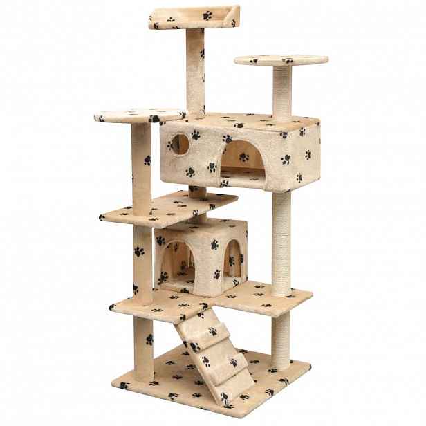 vidaXL Škrabadlo pro kočky sisalové sloupky 125cm béžová potisk tlapek