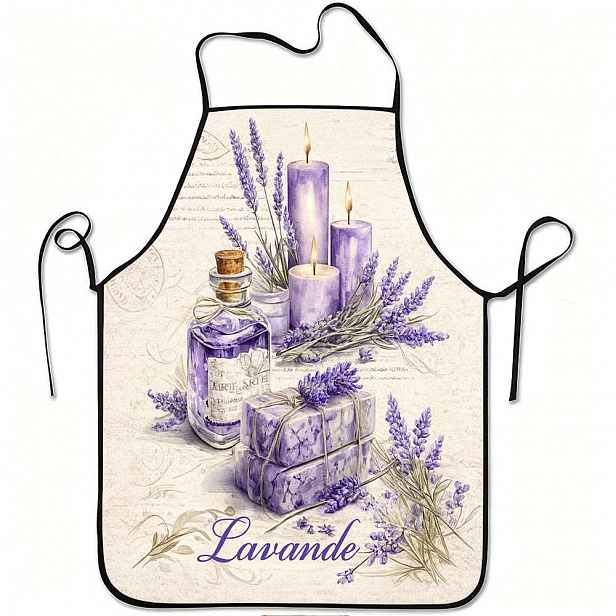 TEMU 1 ks Zástěra s potiskem levandulové svíčky a mýdla | Odolný polyester, nastavitelný pas, ideální do kuchyně, na zahradu, sběr ovoce, Vánoce a