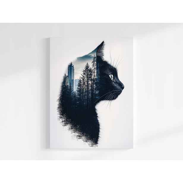 Plakát Grafika Černá Kočka Profil Město Les Stromy 75x100
