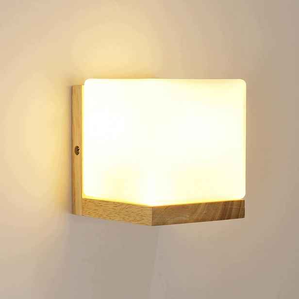 Lampa Scienna E27 Kinkiet Drewno Szkło Kwadrat Do Salonu Nowoczesna 14CM