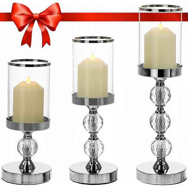 3x Skleněný Svícen Lampion Komplet Lucerny Svícny Glamour Krystalky