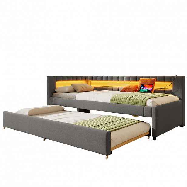 FLIEKS DENNÍ POSTEL 90x200cm LED Rozkládací USB Len Šedá