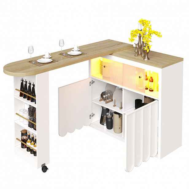 Redom BAROVÝ stůl 135-205/39/100 cm s LED, USB, úložným prostorem a kolečky, MDF/sklo, Bílá