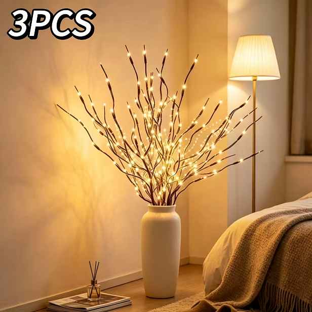 TEMU Sada 3 ks 60LED světelných větví - na baterie (baterie nejsou součástí balení) teplé světlo, simulované větve, vhodné pro vnitřní vánoční