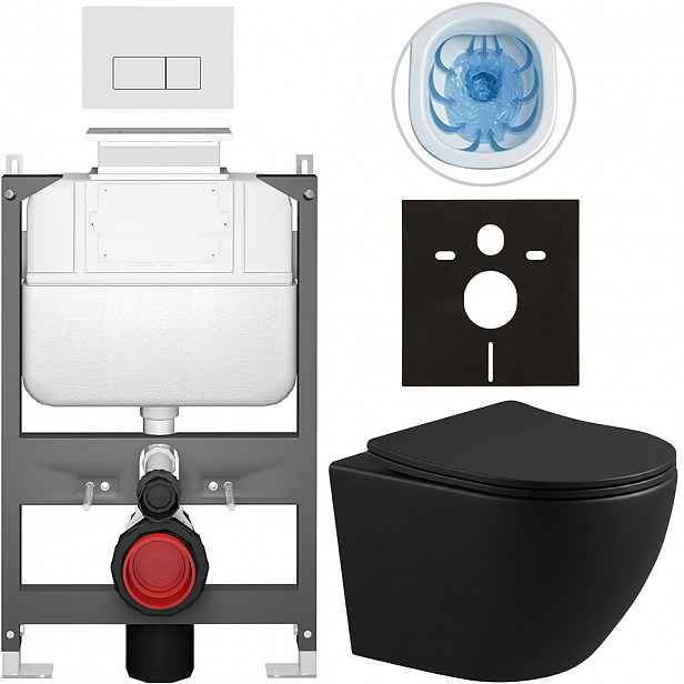 Kompletní WC set Basic/Cesso - černá matná - WC tlačítko Modulo/Bílá - ovládání shora - předstěnová instalace - 49x36 cm - 8050BD86360