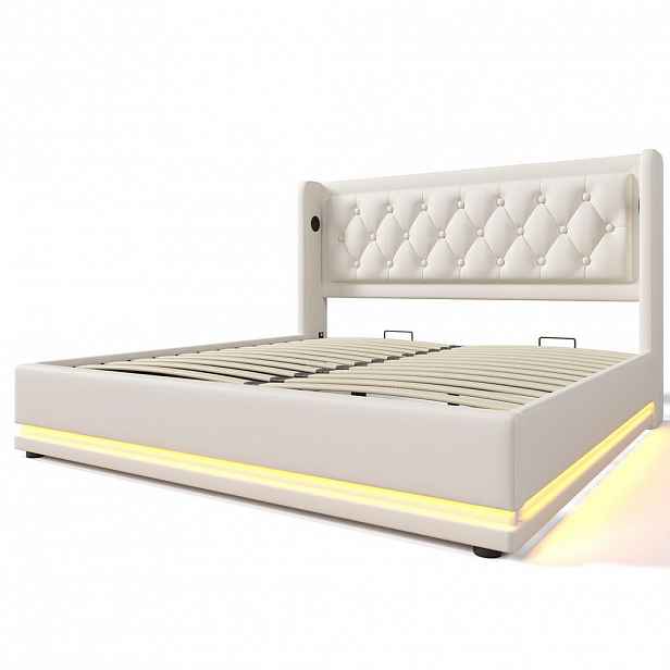Modfu ČALOUNĚNÁ postel z PU 140x200 cm bílá s hydraulickým úložným prostorem, LED osvětlením a USB-C nabíjením