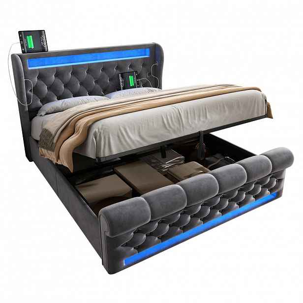 WISHDOR ČALOUNĚNÁ POSTEL 140/190 cm v šedém sametu s úložným prostorem, LED osvětlením, USB a Type-C