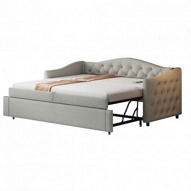 FLIEKS ČALOUNĚNÁ POSTEL 90x200cm Pohovka USB Rošt Šedá
