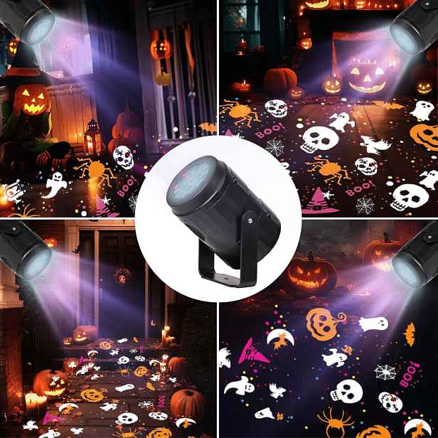 TEMU Halloweenský projektor, 16 živých vzorů, otočné LED pódiové světlo s halloweenským vzorem, venkovní sváteční dekorativní světlo, vytvářející
