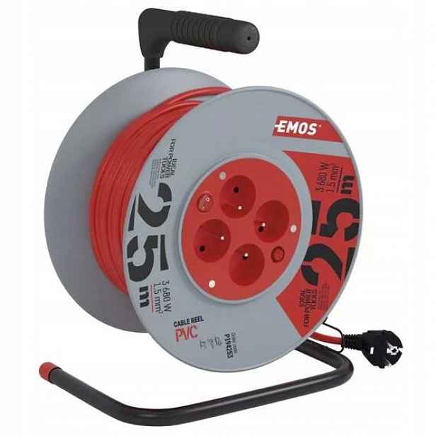 Emos kabel 230V prodlužovací 25m/4Z Pvc, 3*1,5mm, vypínač, buben P194253