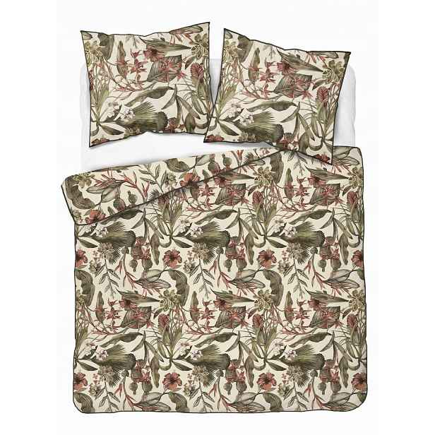 Povlečení z perkálu Lamé Percale 160x200, krémově zelená, exotické květiny