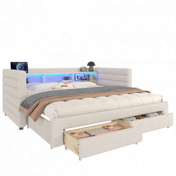 FLIEKS DENNÍ POSTEL 90x190cm Samet Rozkládací Zásuvky LED Béžová