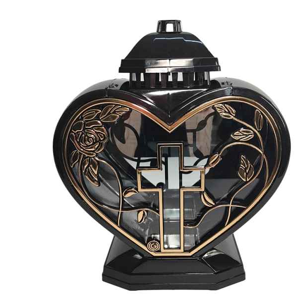 Hřbitovní Svíčka art. Lampion Glamour srdce velké aplikace kříž 32 cm černo-zlatý