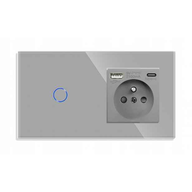 Jednodotykový Spínač 1K S Zásuvkou Usb-c Qc 20W, Skleněný Vypínač