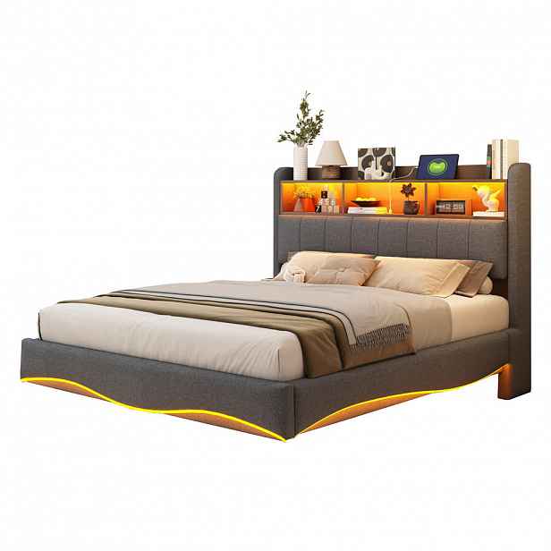 FLIEKS ČALOUNĚNÁ POSTEL 140x200cm Len Úložná LED USB-C Šedá