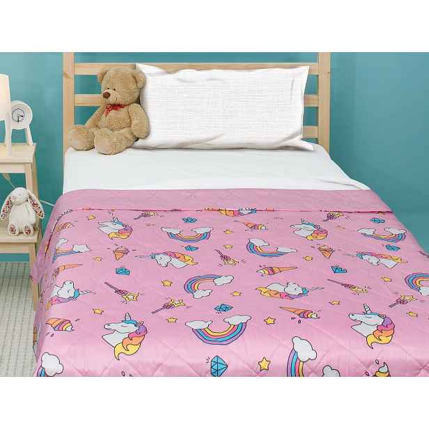 Dětský přehoz na postel Jednorožci a duhy, růžový, 170x210 cm