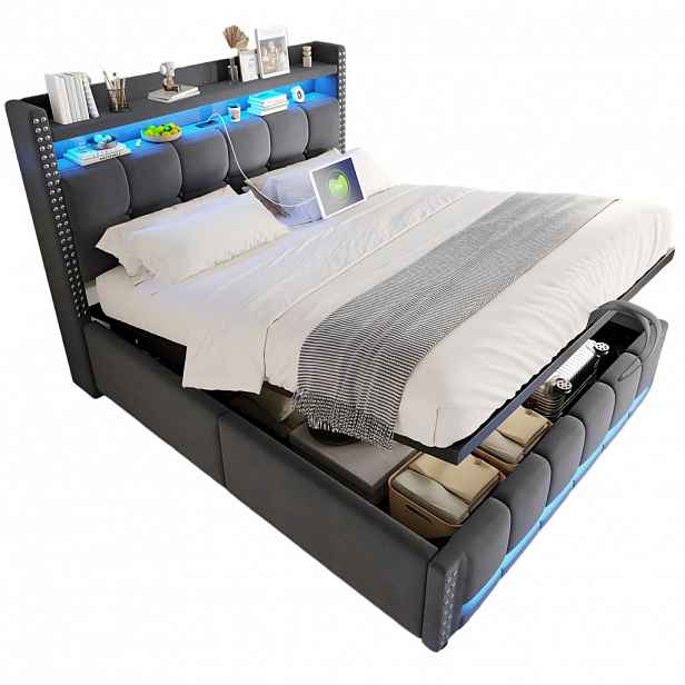 OKWISH ČALOUNĚNÁ postel 140/200 cm šedá z lněné tkaniny s LED, USB a úložným prostorem