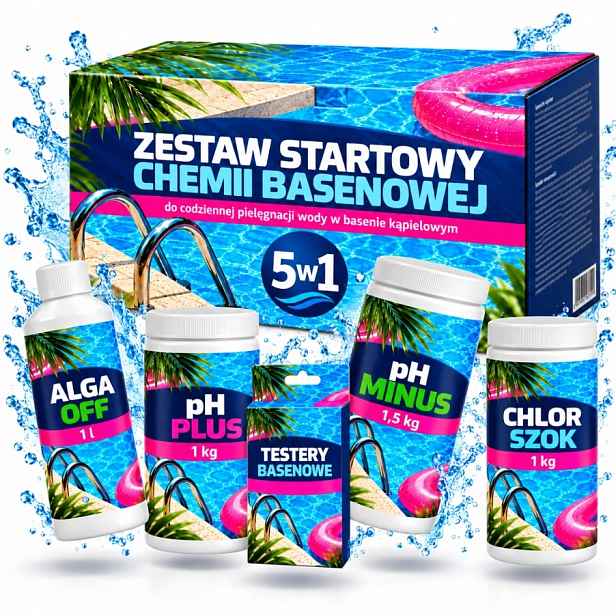 Bazénový Balíček 5V1 Chlor Šok Ph Minus Tester Alga Off Ph Plus Start
