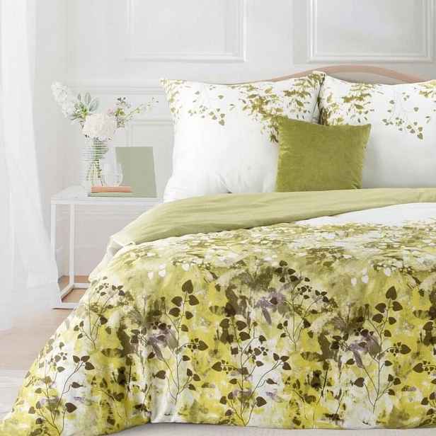 Povlečení Z Bavlněného Saténu 220X200 Bílé, Zelené Listy
