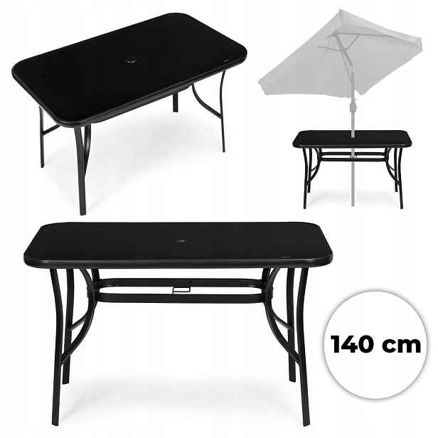Zahradní stůl 140x80 cm tvrzené sklo otvor na slunečník černý MultiGarden