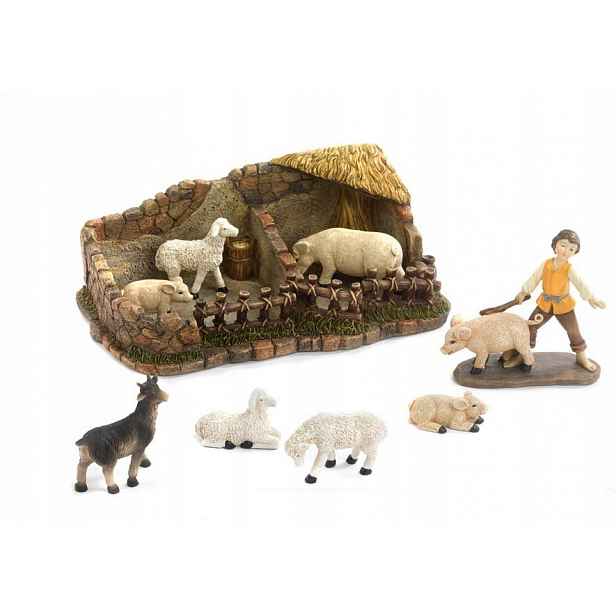 Figurky Do Betlému Ovce a prasata v ohradě s pastýřem, pro figurky o výšce 9 Cm