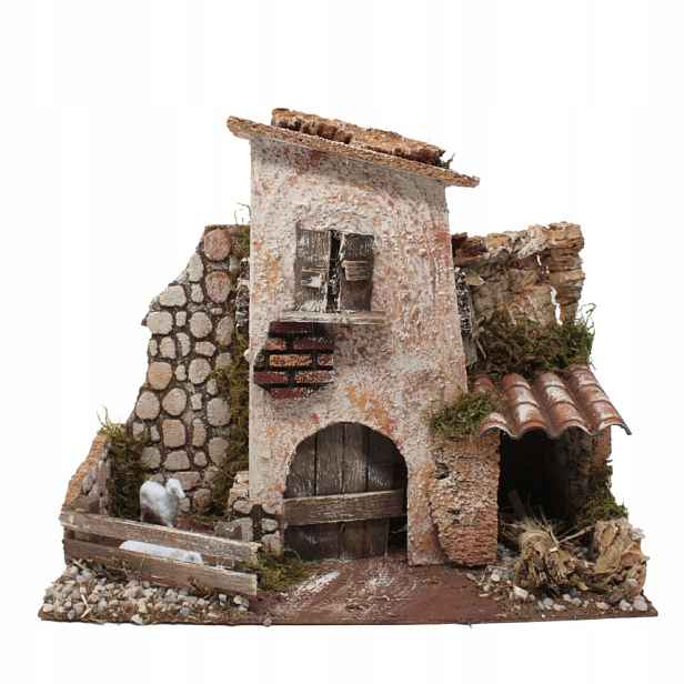 Krásný domeček s ovcemi pro zdobení vánočního betlému 28x15x24 cm