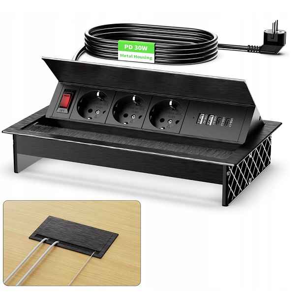 Hliníkové zapuštěné zásuvky sklopné 220v 4xUSB Pd 30W kabel 1,8 m