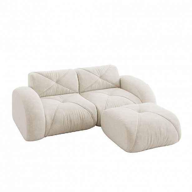Modfu MODULÁRNÍ 2místná pohovka z chenillu světle 204x171x76 cm béžová s taburetem