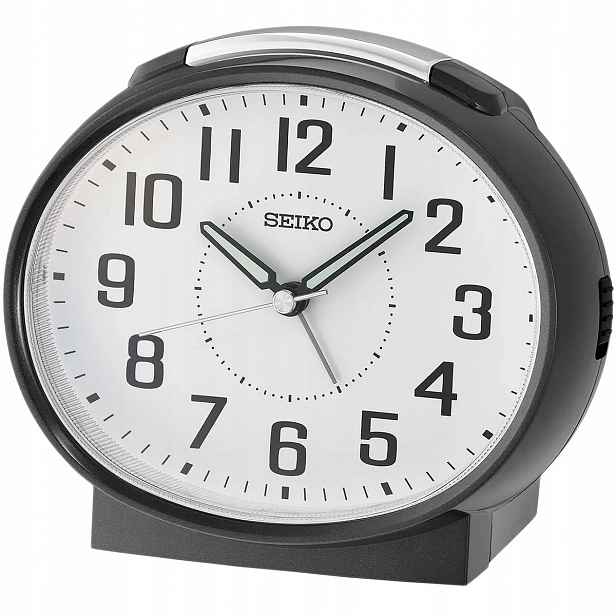 Černý Oválný Budík Seiko QHK059K, Hlasitý Alarm, Tichý Mechanismus