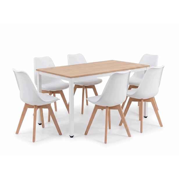 Loftový stůl 120x60 Dub Sonoma 6 skandinávských židlí s polštářem bílých
