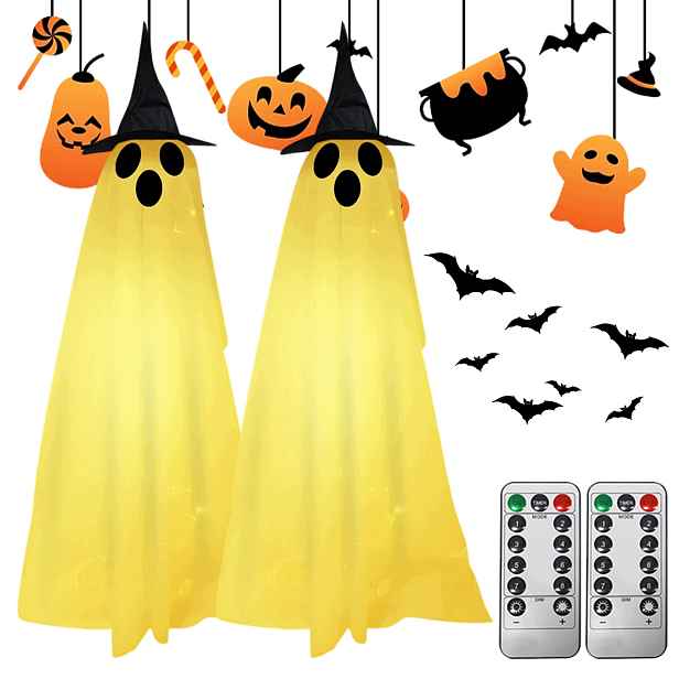 Svítící duchové na Halloween 2ks s dálkovým ovládáním Bílé teplé Led světlo Dům