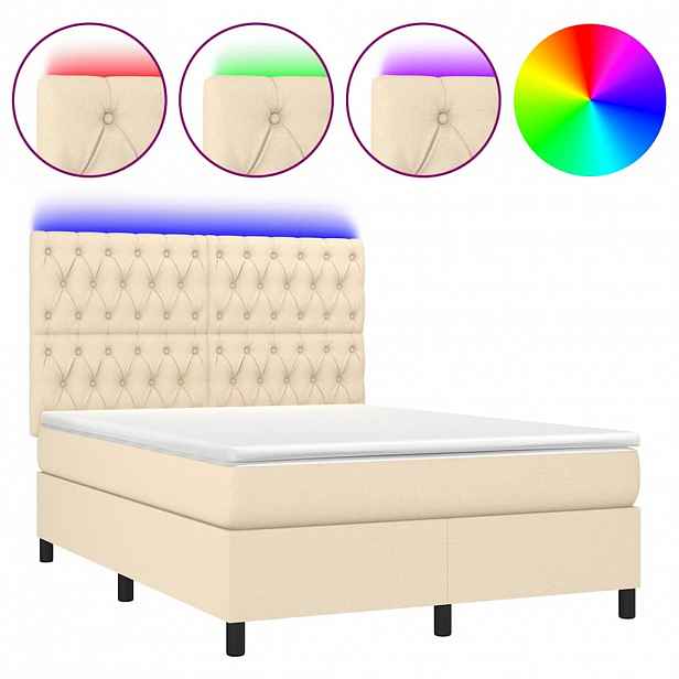 vidaXL Box spring postel s matrací a LED krémová 140x200 cm textil