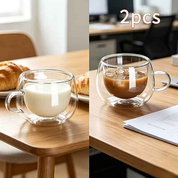 TEMU 2 ks (250 ml) Průhledné minimalistické silné dvouvrstvé skleněné hrnky z vysoce borosilikátového skla, vhodné pro kancelářské džusy, nápoje,