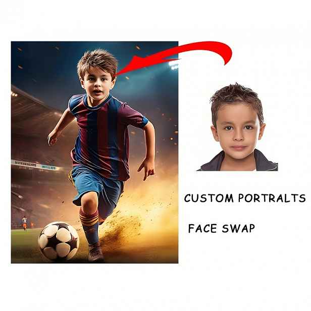 TEMU 2D Plochý, Přizpůsobený Portrét Chlapce s Měnící se Hlavou, Personalizovaný Portrét Malého Chlapce Fotbalisty, Nástěnný Umělecký Plátěný Plakát,