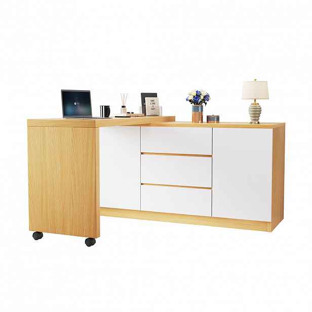 STILVORA PSACÍ STŮL v bílé a dubové barvě s otočnou deskou a kolečky do pracovny, 120×50×76,5 cm