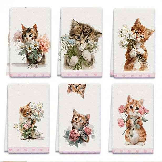 TEMU Sada 6 kusů utěrek na nádobí, 18x26 palců - Design kočka a kytice, Srdcovité savé kuchyňské utěrky z mikrovlákna pro domácí vaření, pečení,