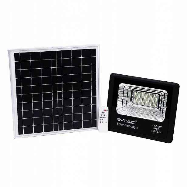 Solární Led projektor V-tac 20W černý IP65 dálkový ovladač časovač VT-60W 6000K 1650lm