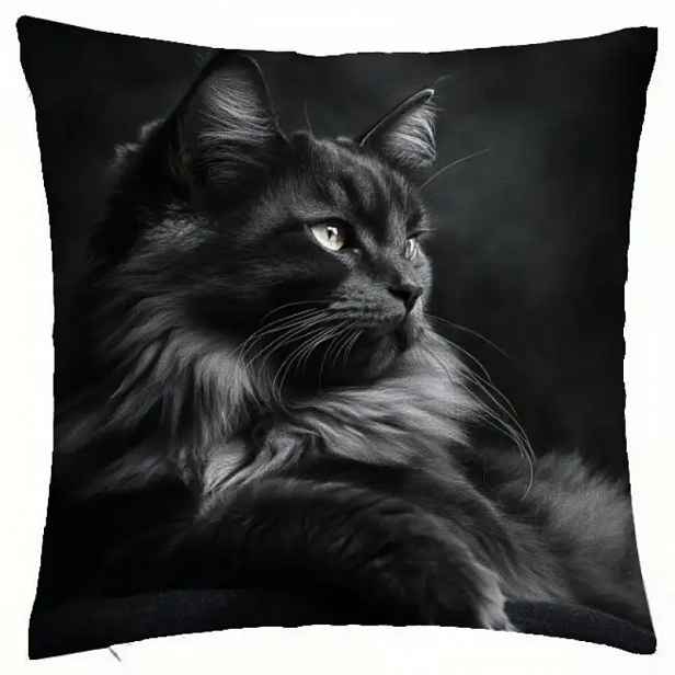 TEMU Slavný design černé a stříbrné kočky Maine Coon, , vyrobený z měkké a hladké krátké plyšové polyesterové tkaniny s potiskem na jedné straně.