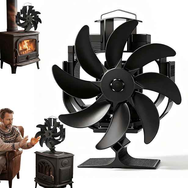 8-lopatkový krbový ventilátor s otočnou hlavou a teploměrem, tichý