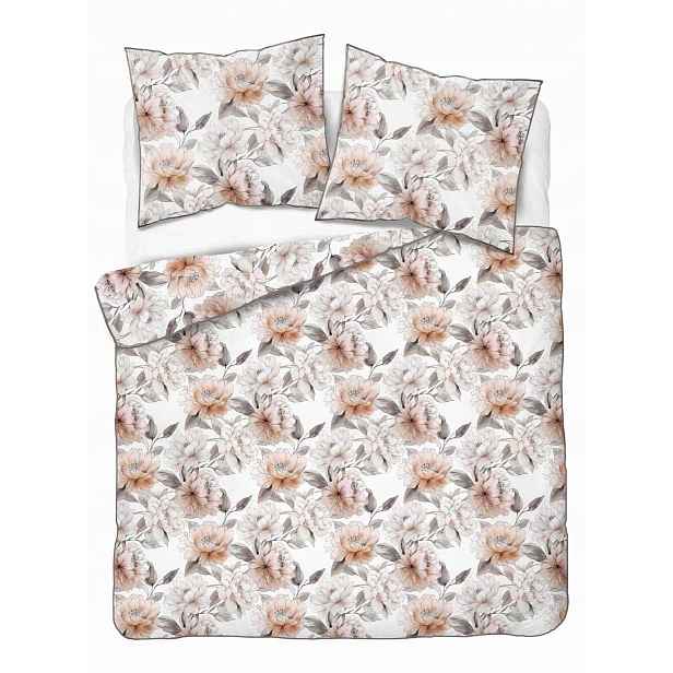 Povlečení z perkálu Lamé Percale 220x200 bílé s béžovými květy a lemováním