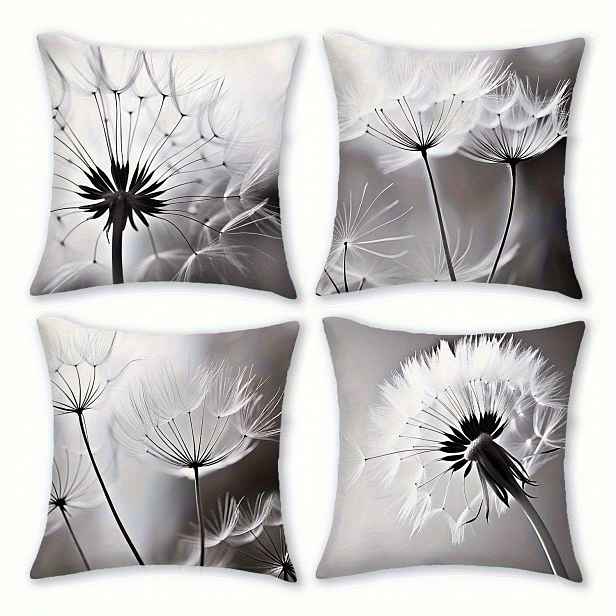TEMU 4 ks, Povlaků na polštáře v rustikálním stylu, Šedobílé povlaky s květinovým potiskem, Polštářové povlaky se zipem, Dárek pro rodinu, přátele a
