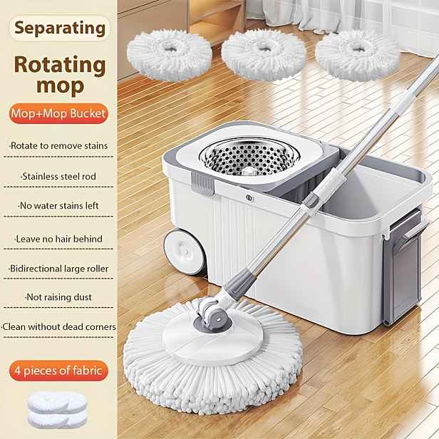 TEMU Domácí kulatý mop a samostatný kbelík s 4 náhradními zdarma – Bezdotykový pratelný plochý mop, prachový mop, mokrý a suchý mop, domácí potřeby,