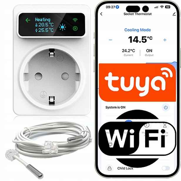 WiFi zásuvka s termostatem 16A, dva senzory teploty Oled Tuya Smart