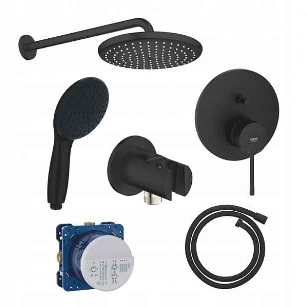 Černý podomítkový sprchový set Grohe Essence 250 black s dešťovou sprchou