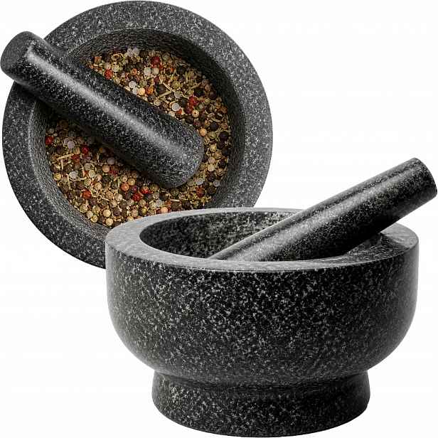 Kuchyňský hmoždíř Granitový kamenný s paličkou na koření Průměr 18 cm